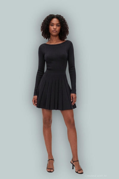 GapStudio Boatneck Pleated Mini Dress - Black - Dresses