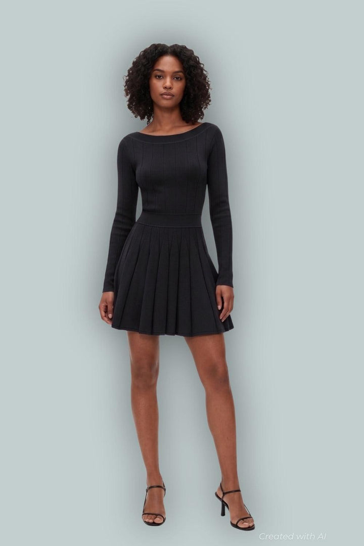 GapStudio Boatneck Pleated Mini Dress - Black - Dresses