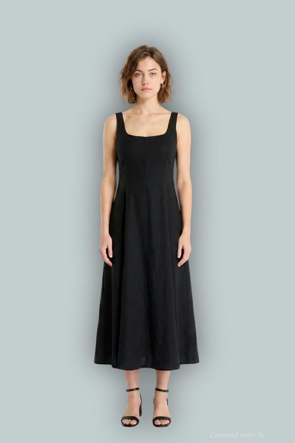 GapStudio Linen-Blend Square-Neck Maxi Dress - True Black - Dresses