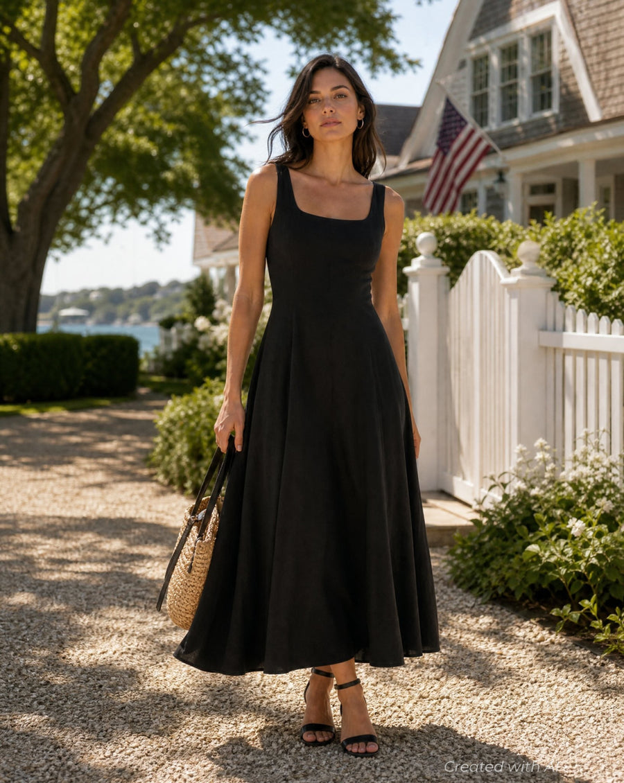 GapStudio Linen-Blend Square-Neck Maxi Dress - True Black - Dresses