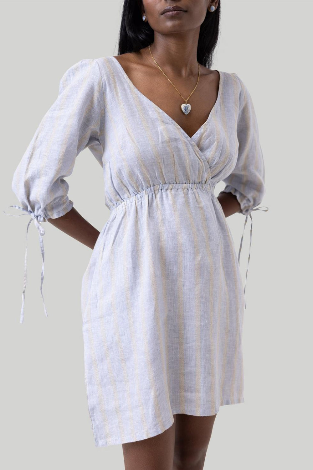 Gathered Elbow Sleeve Short Dress - Textured Stripes - Dresses