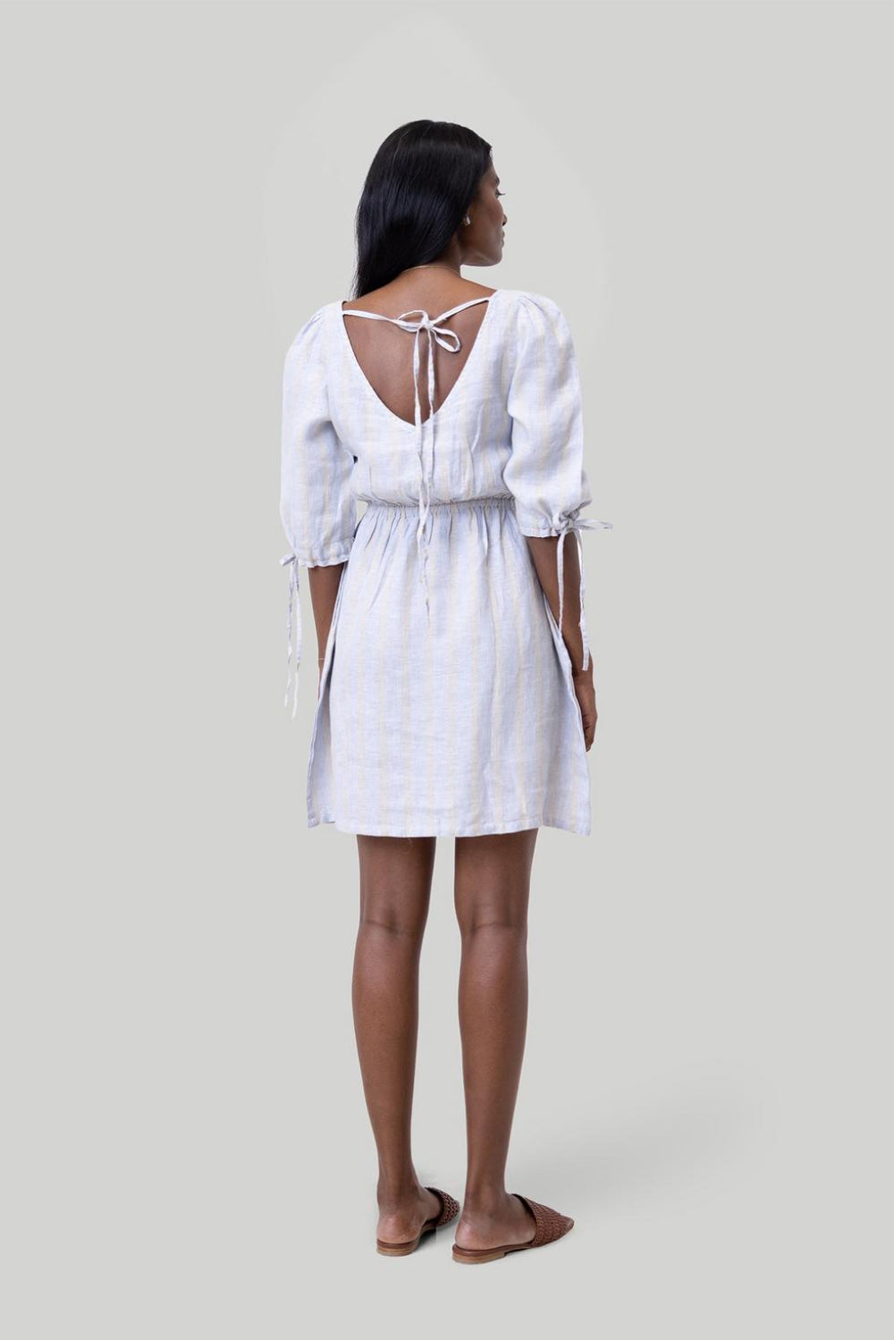 Gathered Elbow Sleeve Short Dress - Textured Stripes - Dresses