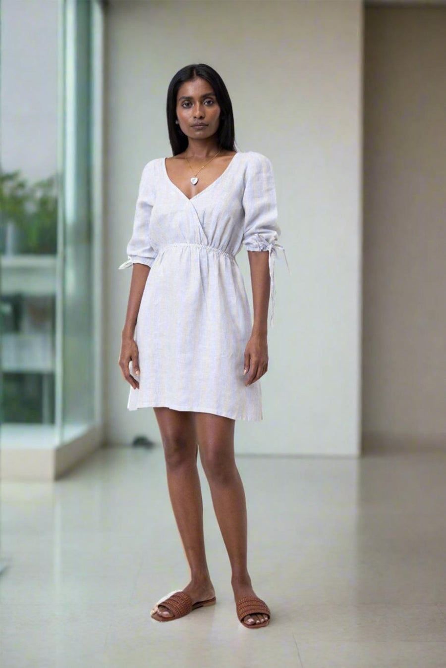 Gathered Elbow Sleeve Short Dress - Textured Stripes - Dresses