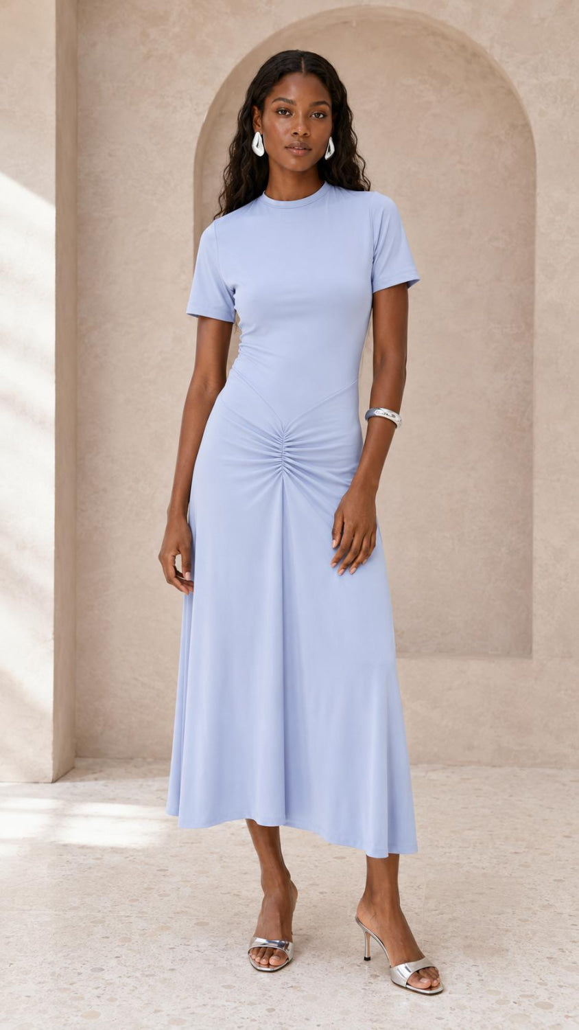 Gathered Waist T-Shirt Midi Dress - Delphinium Blue - Dresses