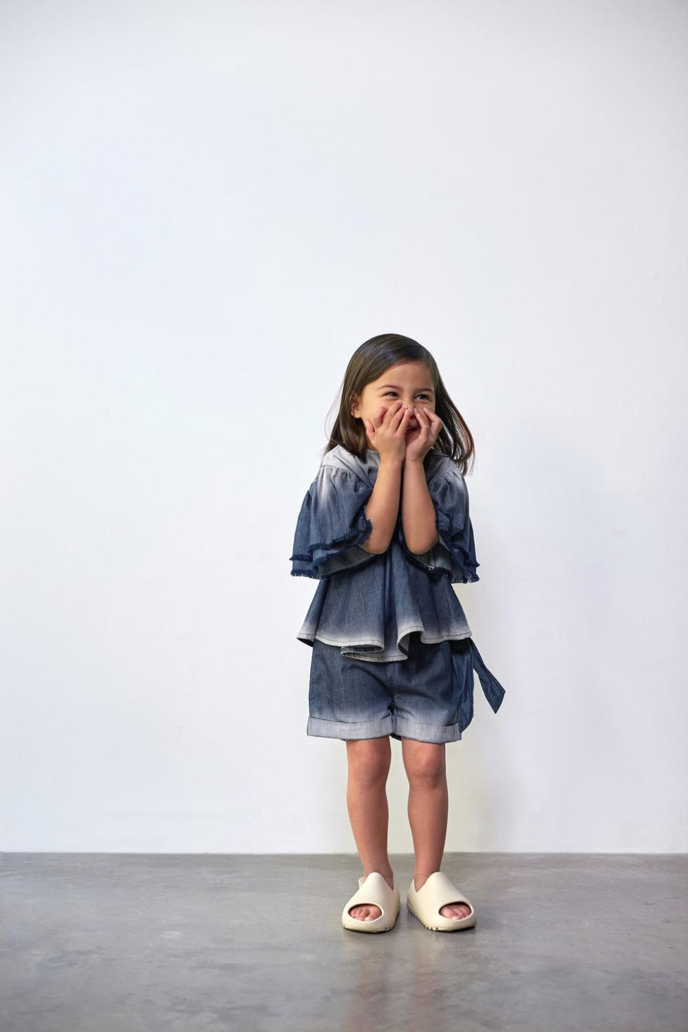 Girls Distressed Chambray Flared Top - Indigo - Shirt