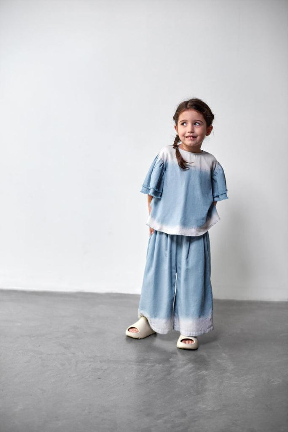 Girls Distressed Chambray Flared Top - Light Blue - Shirt