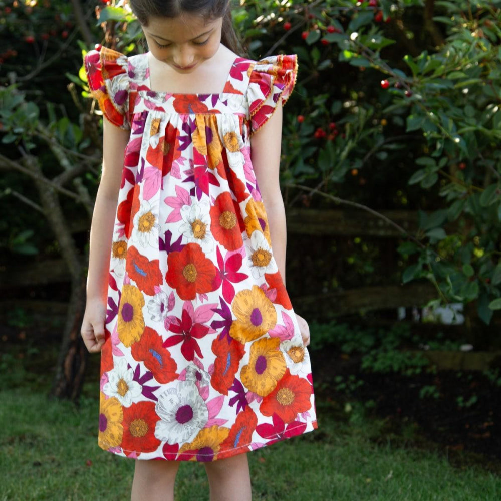 Girls Everly Square Neck Dress - Red And Orange Floral Medley - Dresses