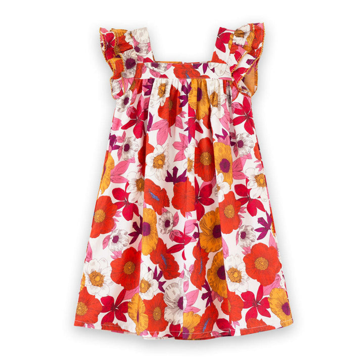 Girls Everly Square Neck Dress - Red And Orange Floral Medley - Dresses