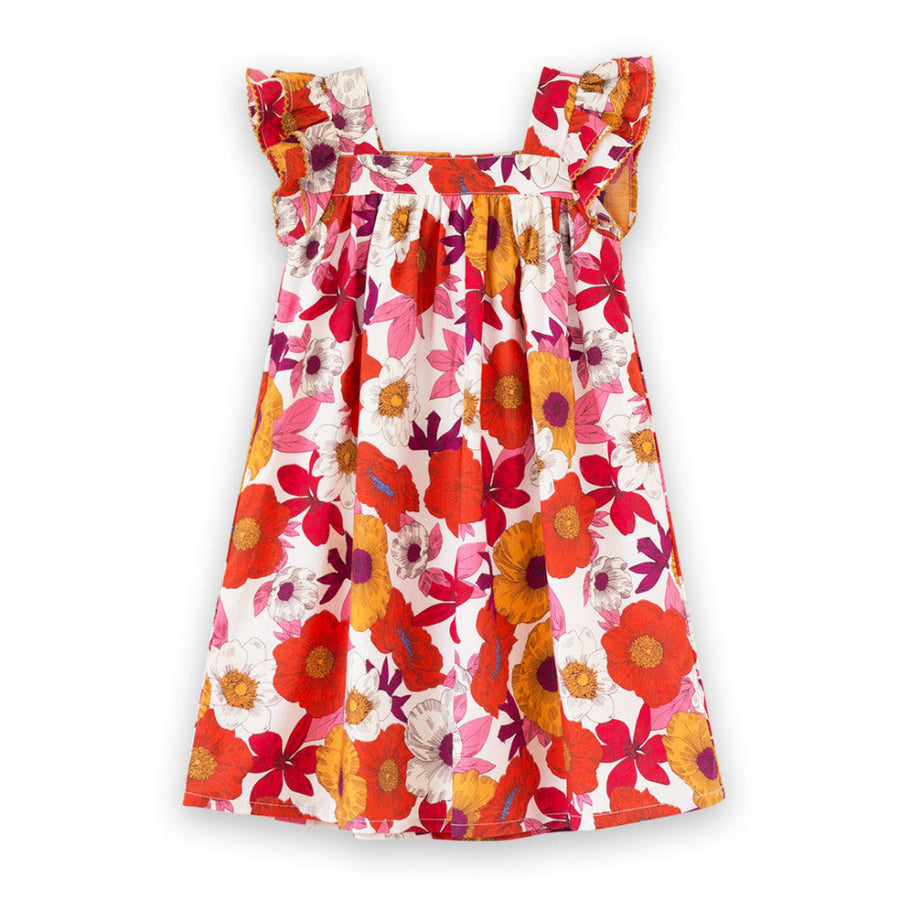 Girls Everly Square Neck Dress - Red And Orange Floral Medley - Dresses