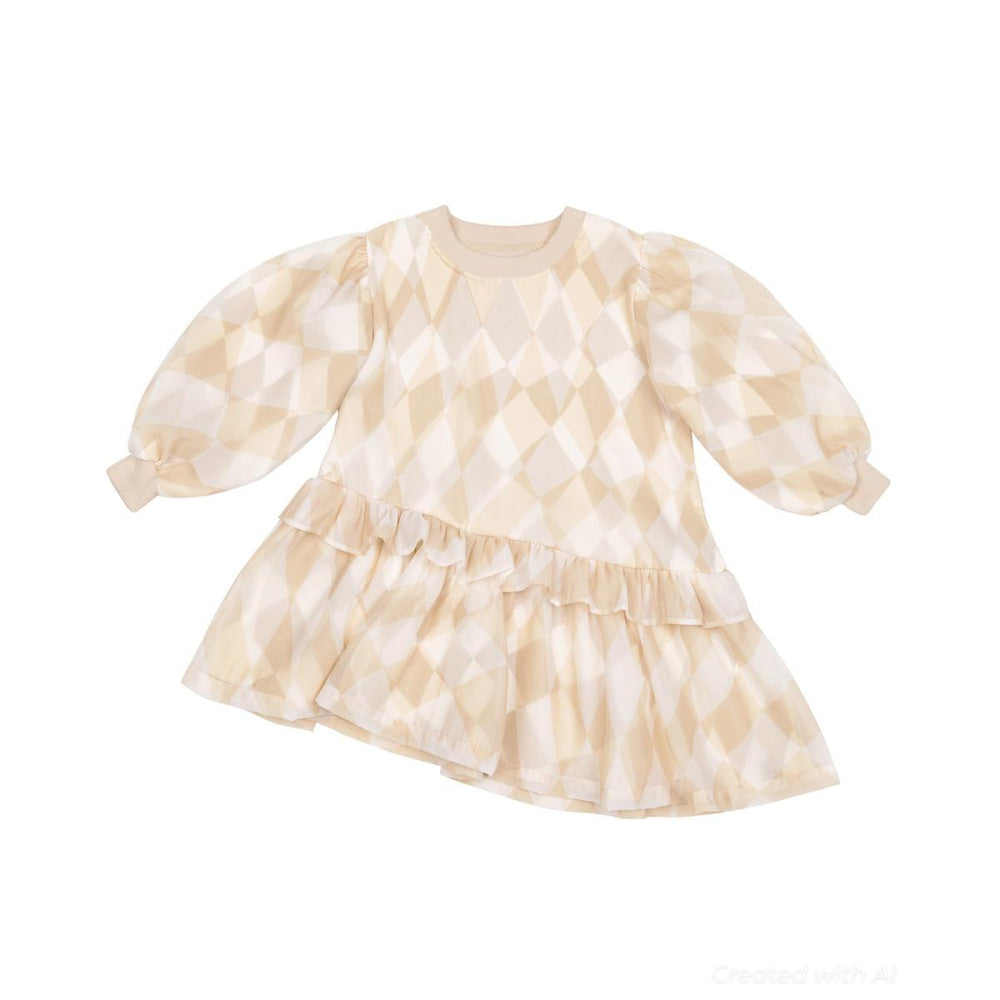 Girls Hi-Low Organza & Terry Dress - Beige - Dresses