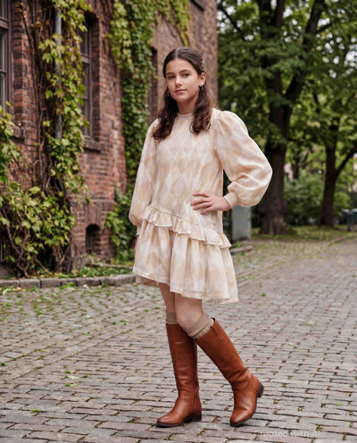 Girls Hi-Low Organza & Terry Dress - Beige - Dresses
