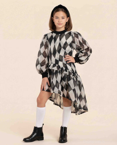 Girls Hi-Low Organza & Terry Dress - Black - 12yr - Dresses
