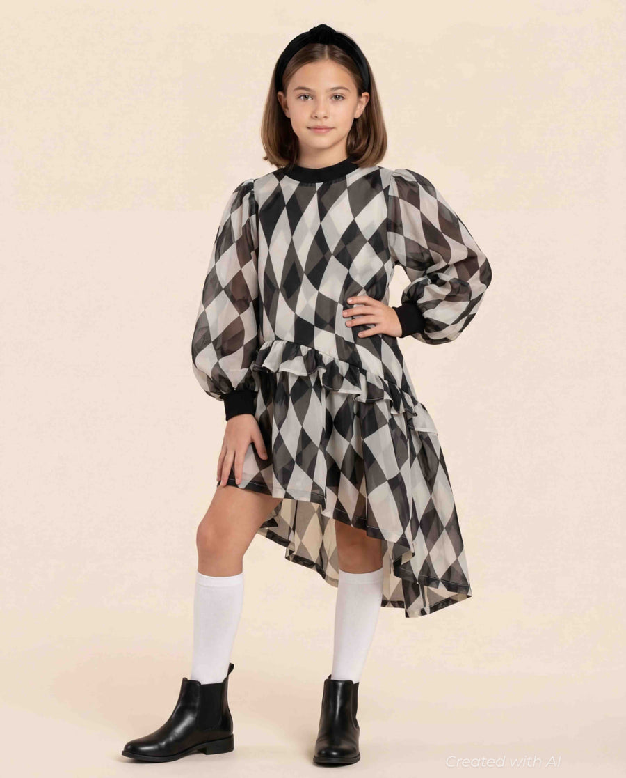 Girls Hi-Low Organza & Terry Dress - Black - 12yr - Dresses