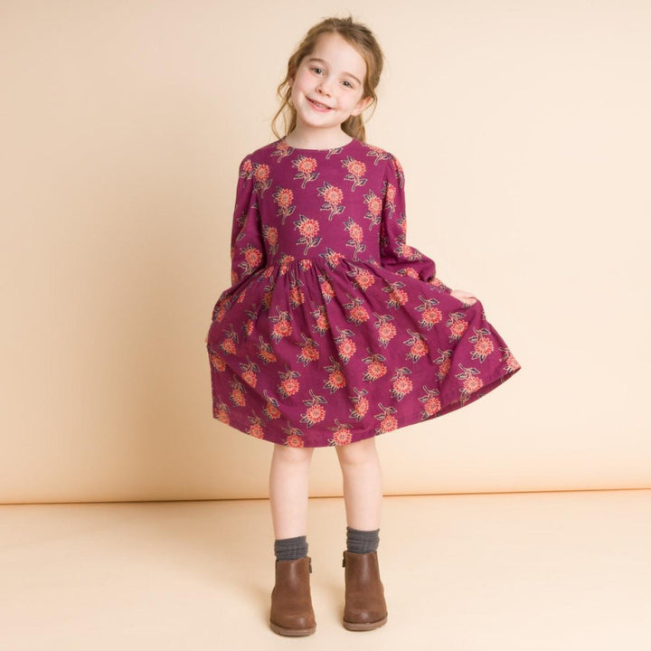Girls’ Long Sleeve Dress With Floral Motif - Purple & Red - 9-10Y - Dresses