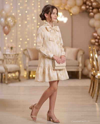 Girls Special Occasion Dress with a Bow - Beige - 12yr - Dresses