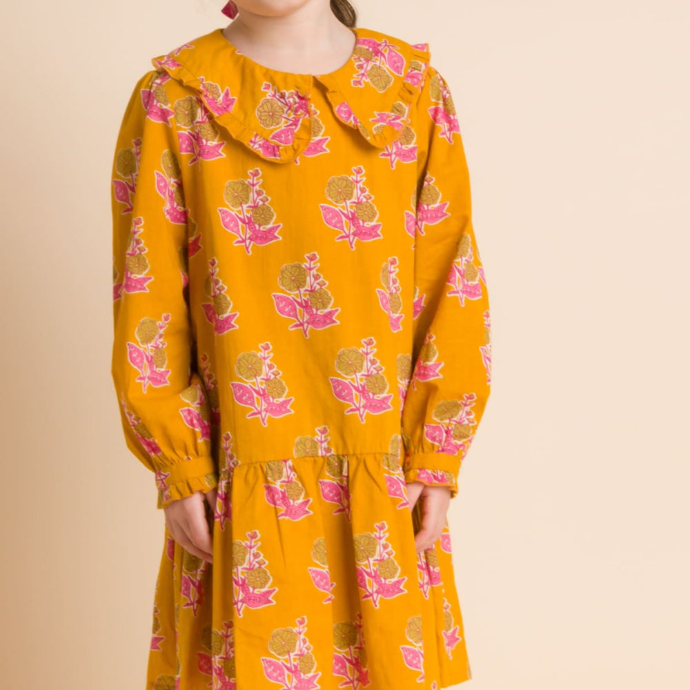 Girls’ Wide Collar Long Sleeve Dress With Low Waist - Mustard And Pink - Dresses