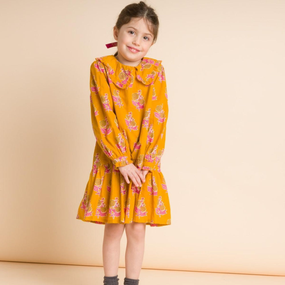 Girls’ Wide Collar Long Sleeve Dress With Low Waist - Mustard And Pink - Dresses