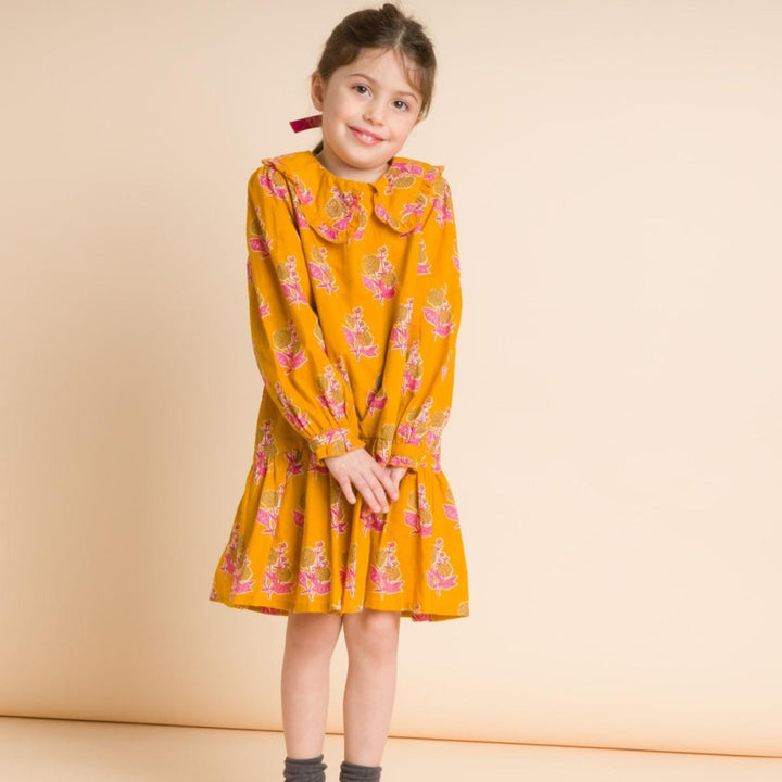Girls’ Wide Collar Long Sleeve Dress With Low Waist - Mustard And Pink - Dresses