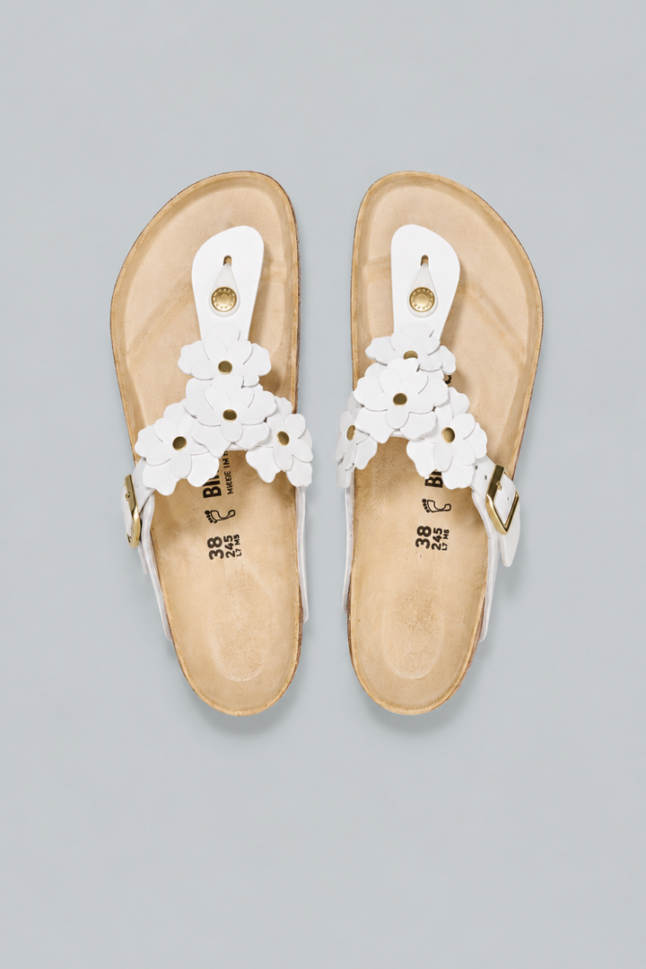 Gizeh Flowers Leather Footbed Sandals - White - Sandal