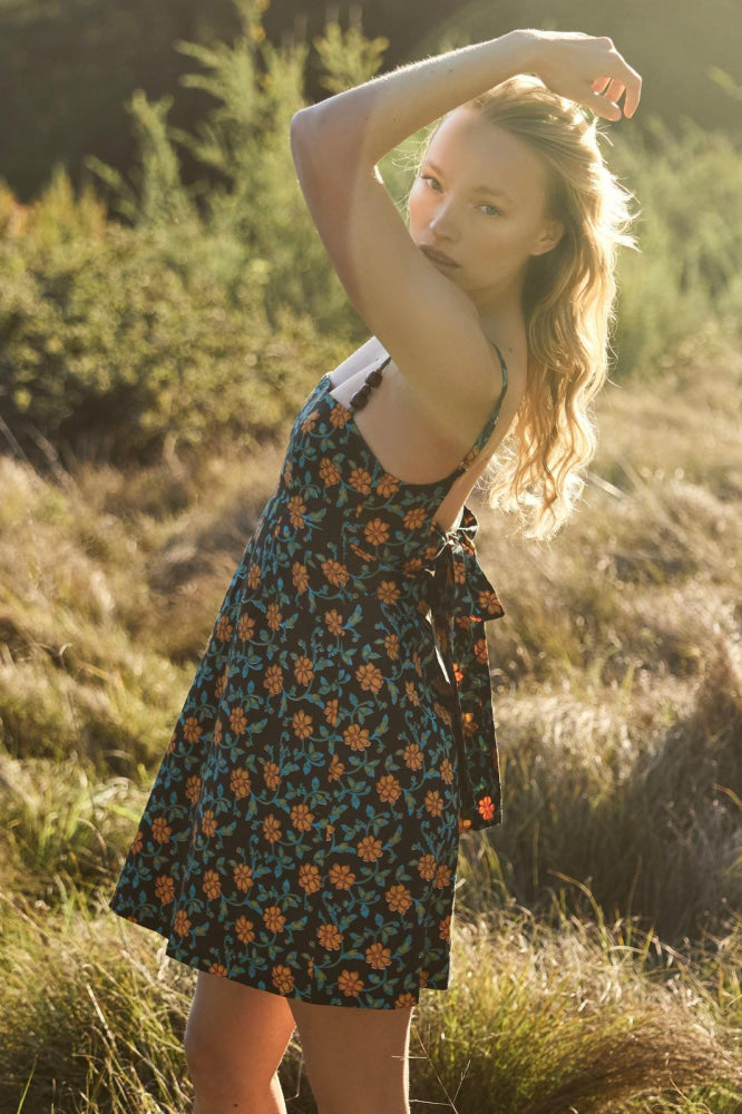 Gloria Mini Dress - Faded Black/Bright Clementine & Moss Floral - FINAL SALE - Dresses