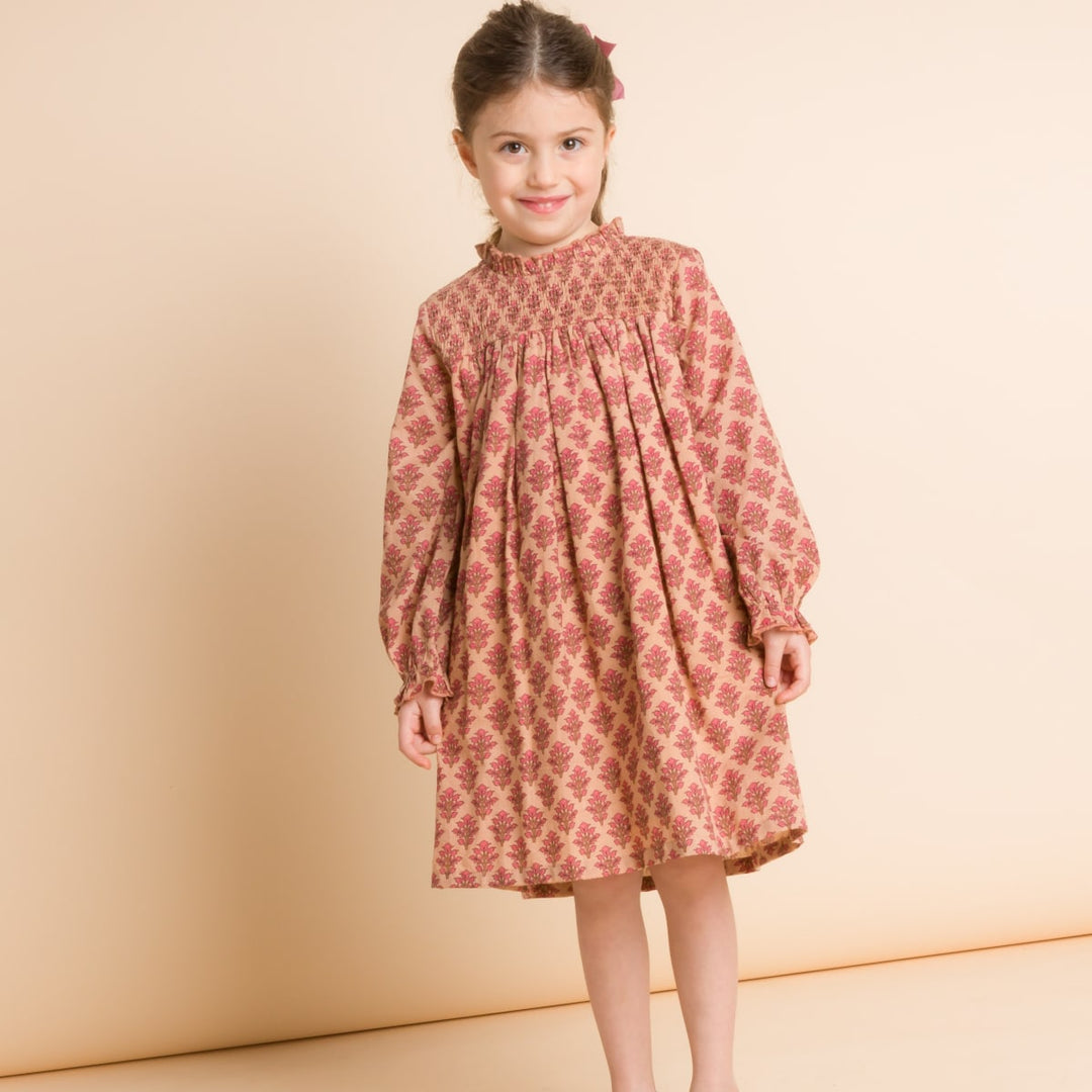 Girls' Smocked Long Sleeves Dress - Vintage Pink