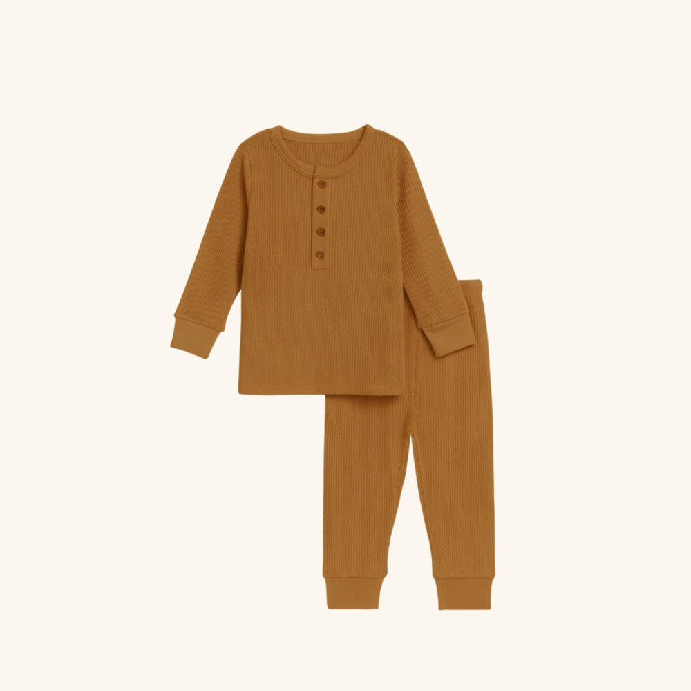 Golden Brown Henley Waffle Pajama Set - Pajamas