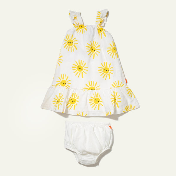 Linen Baby Ruffle Sun Dress - Natural/Yellow