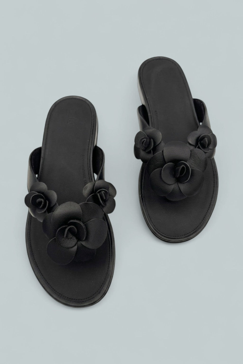 Gracie Flower Leather Flip Flops - Black - 8 - Flip Flop