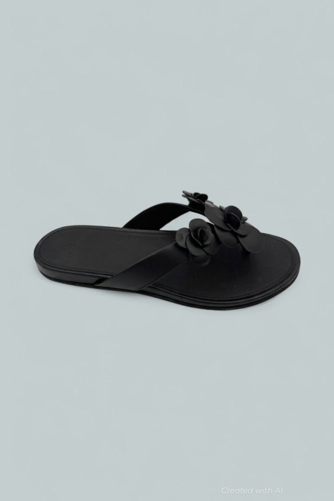 Gracie Flower Leather Flip Flops - Black - 8 - Flip Flop