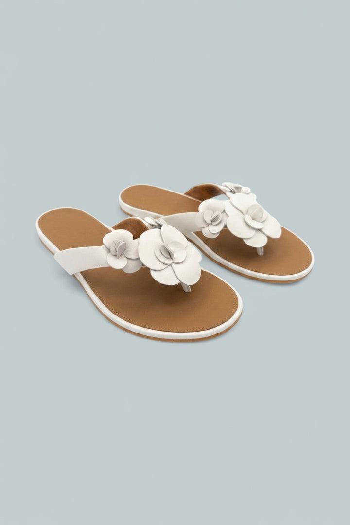 Gracie Flower Leather Flip Flops - Urban White - Flip Flop