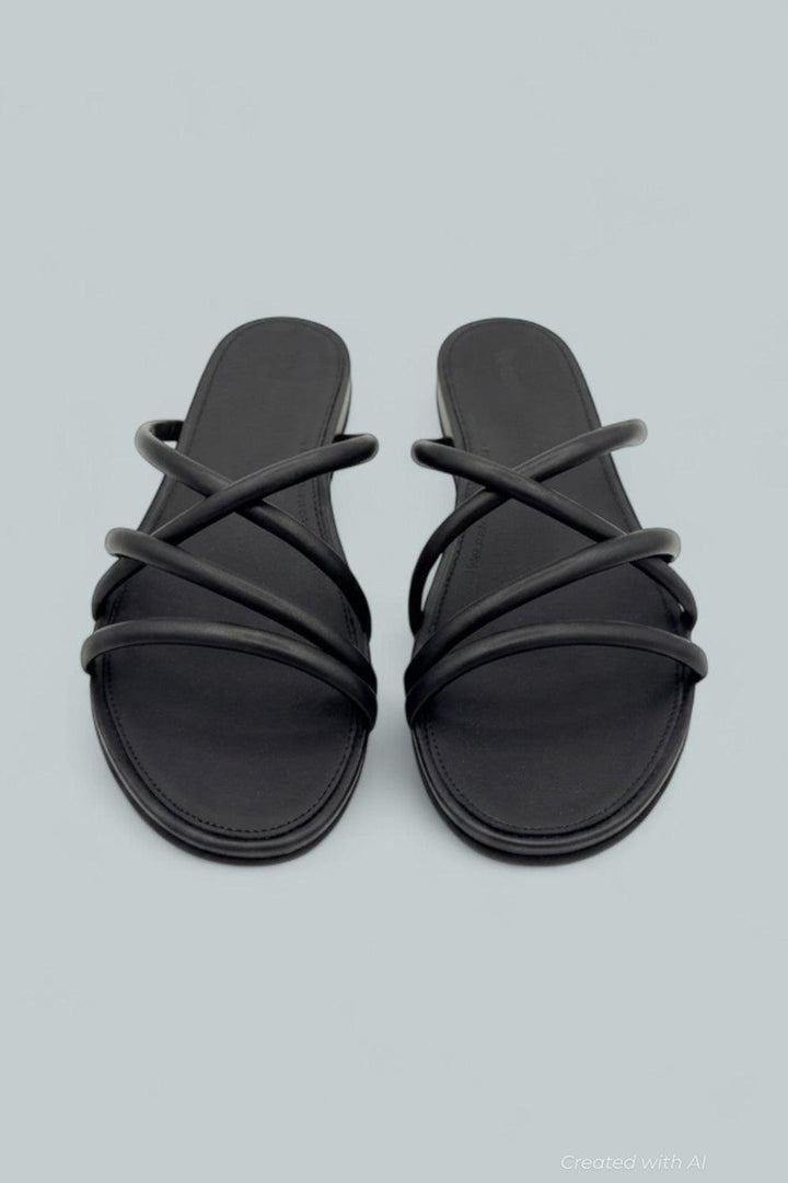 Gracie Leather Strappy Slides - All Black - 10 - Sandals