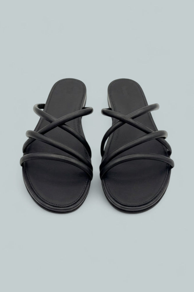 Gracie Leather Strappy Slides - All Black - Sandals