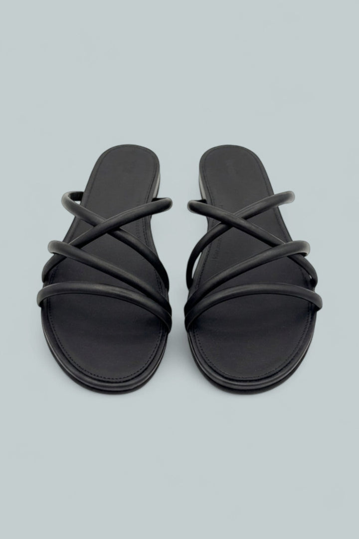 Gracie Leather Strappy Slides - All Black - Sandals
