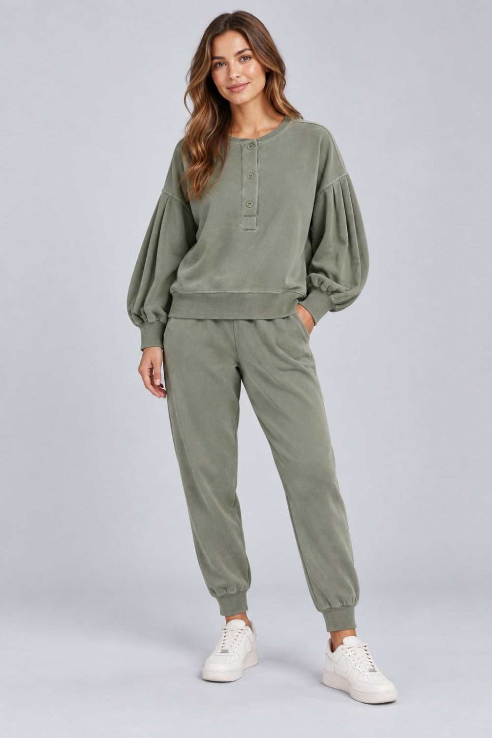 Greta Henley Sweatshirt - Olive - Sweatshirt