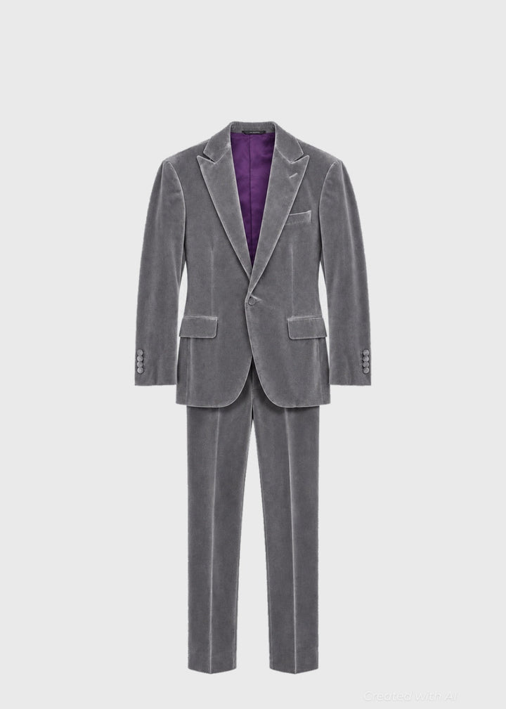 Grey Cotton Velvet 1-Button Peak Phillip Suit - Silver - 38 Regular - Suit