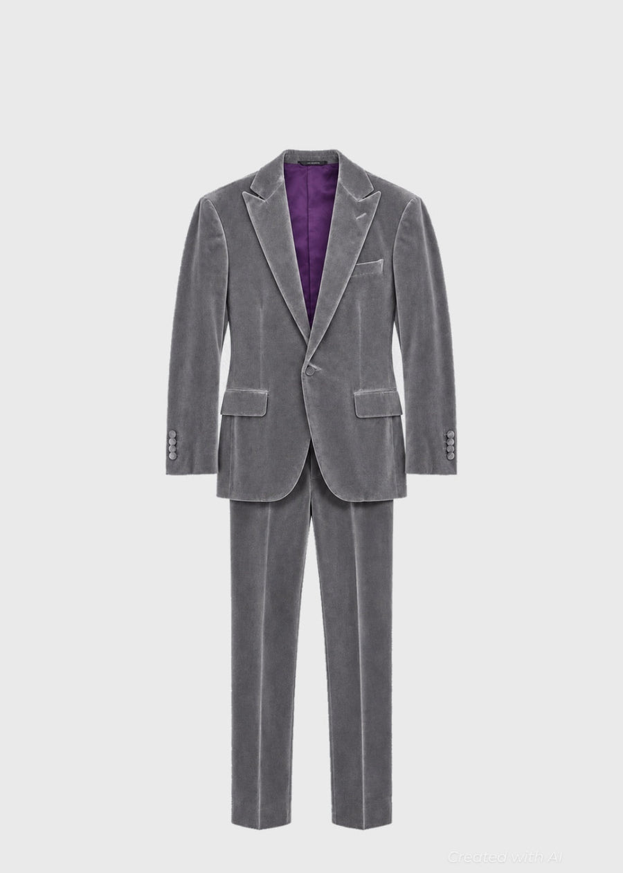 Grey Cotton Velvet 1-Button Peak Phillip Suit - Silver - 38 Regular - Suit