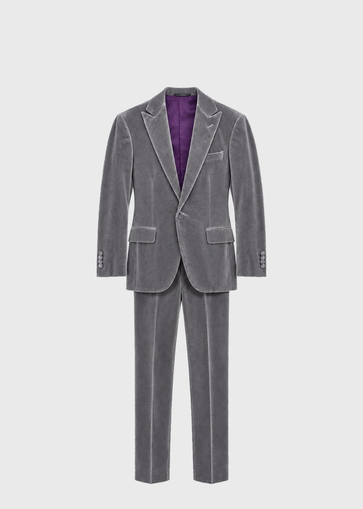 Grey Cotton Velvet 1-Button Peak Phillip Suit - Silver