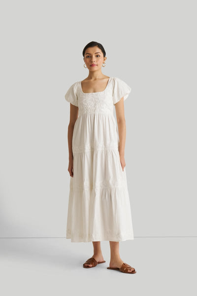Puff Sleeve Embroidered Tiered Dress - Coconut White