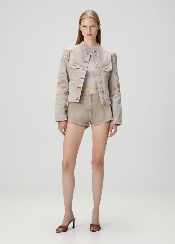 Pure Cotton Faded Motorcycle Denim Jacket - Moon Rock