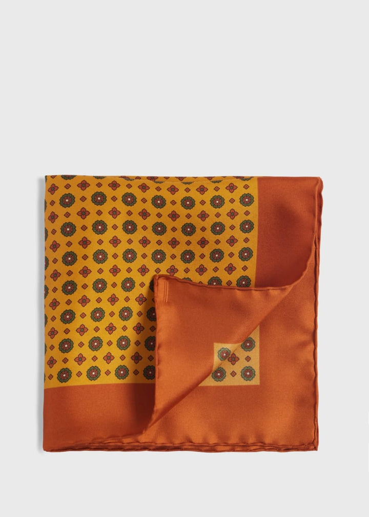 Printed Silk Medallion Pocket Square - Gold