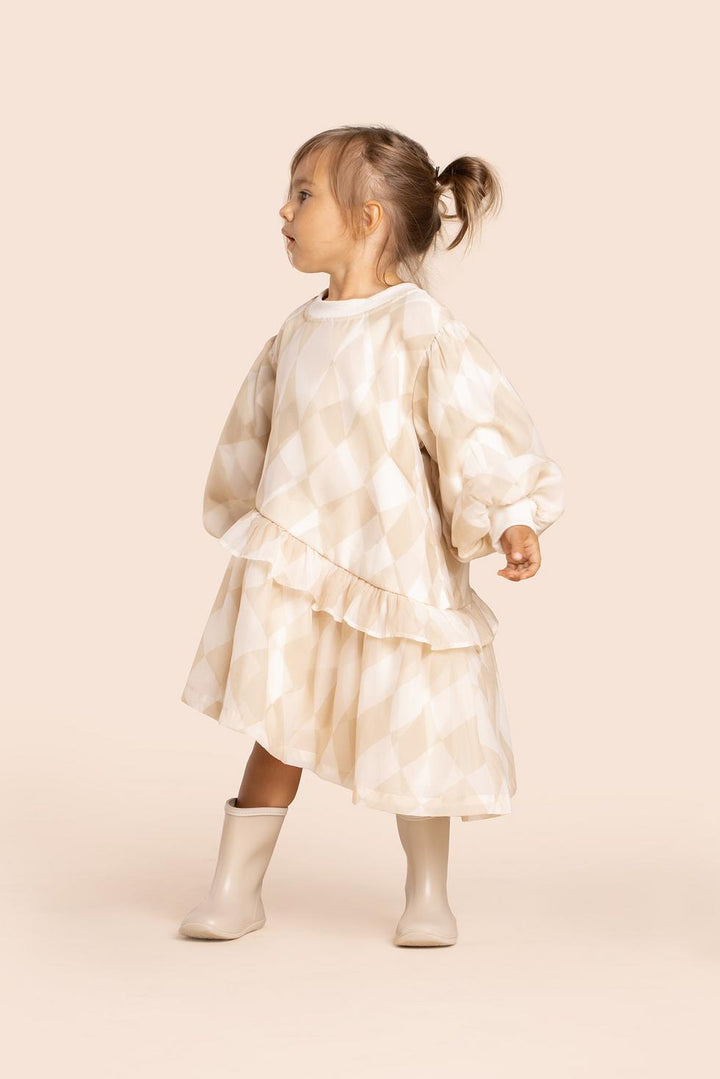 Girls Hi-Low Organza & Terry Dress - Beige