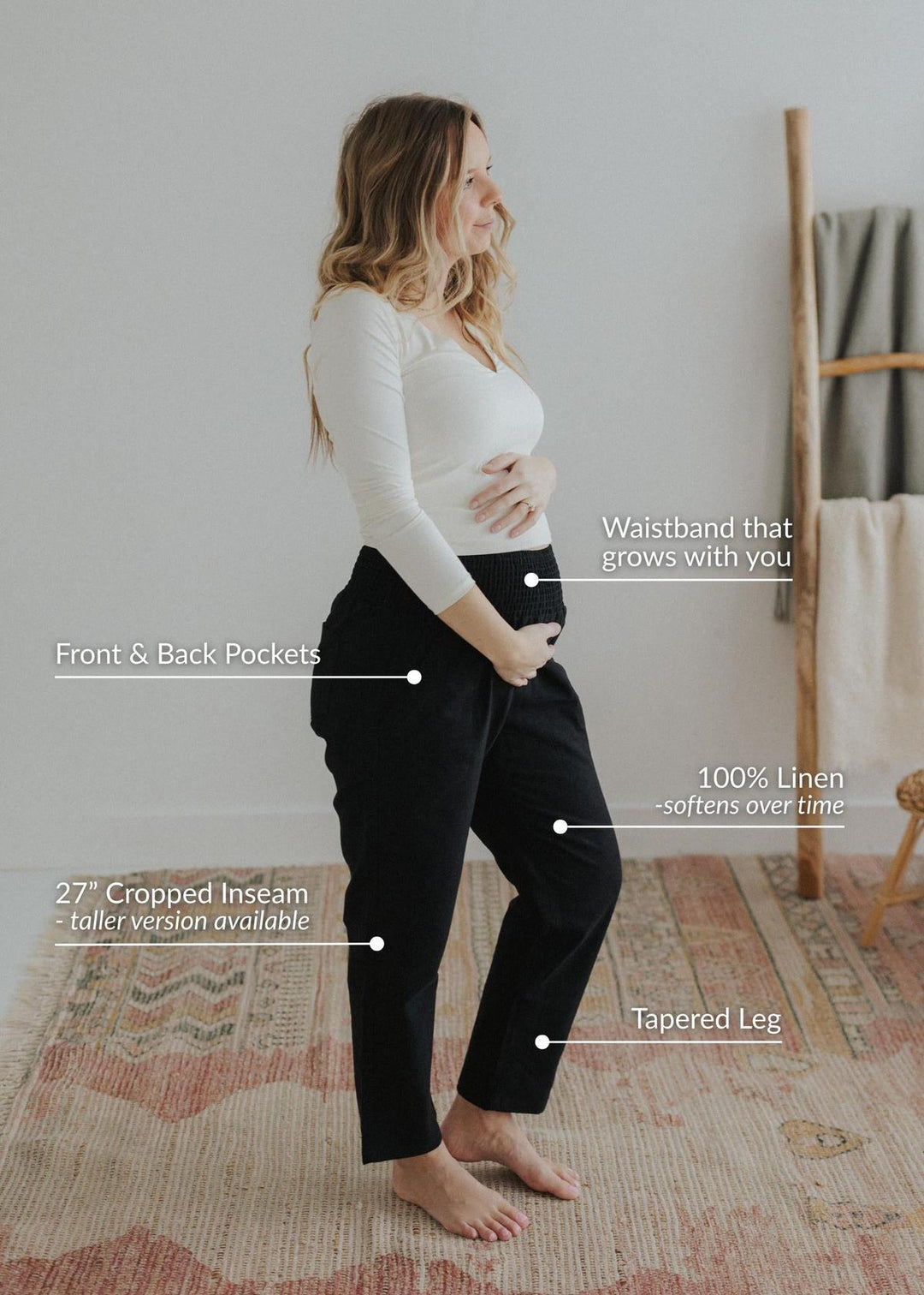 Adult Plus Size Transitional Maternity Smocked Linen Pant - Ebony