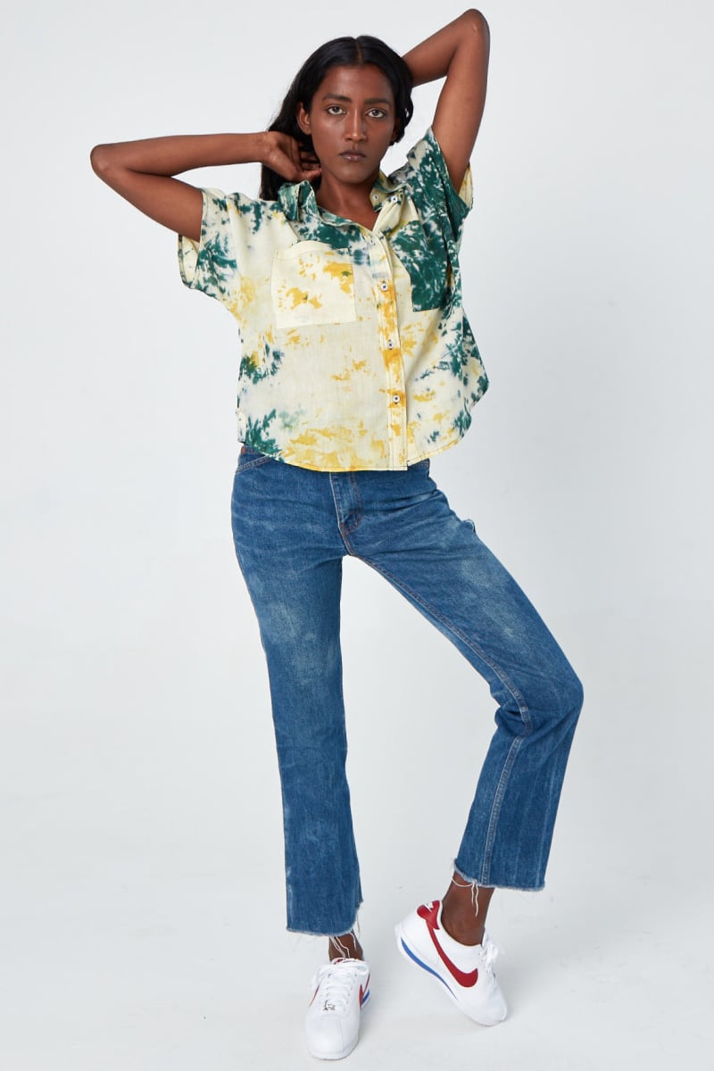 'The Tara' Hand Dyed Drop Sleeve Shirt - Green Yellow And White Tie Dye