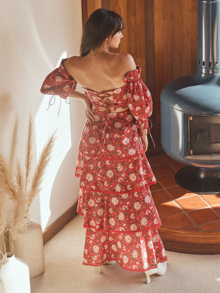 Casey Puff Sleeve Top - Scarlet/Ivory Rose Floral