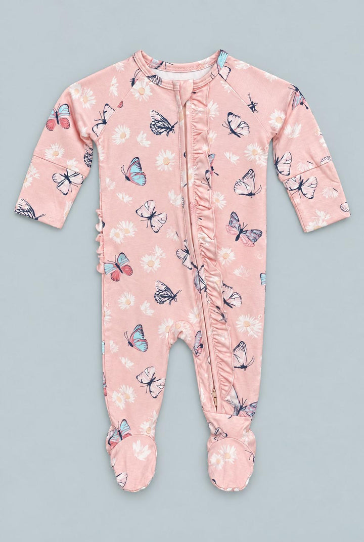 Butterfly Daisy Bamboo Ruffle Footie - Butterfly Daisy Pink