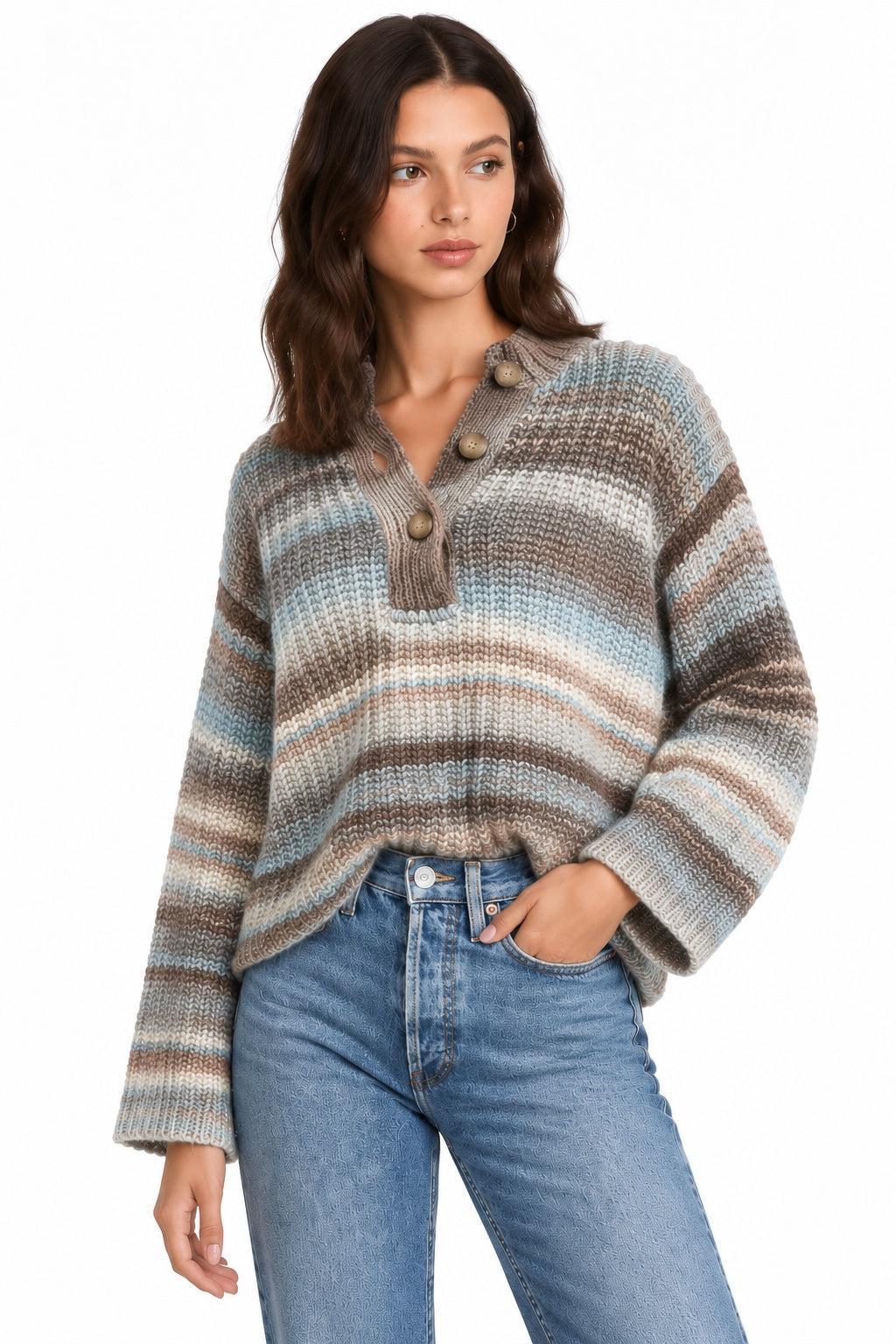 Ombre Henley Sweater - Brown Combo