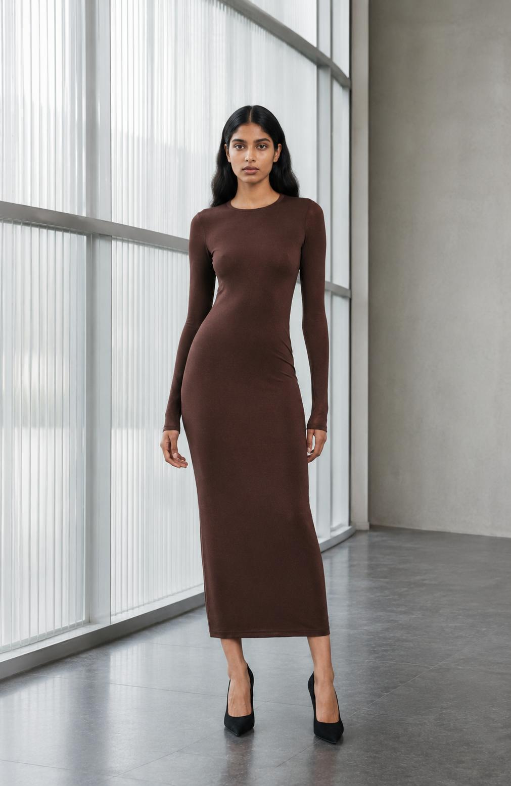 Sheer Dress Midi - Dark Brown