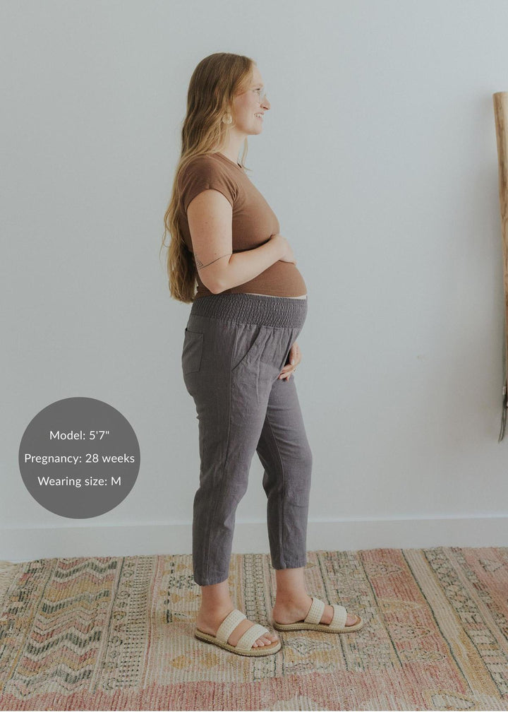 Adult Plus Size Transitional Maternity Smocked Linen Pant - Grey