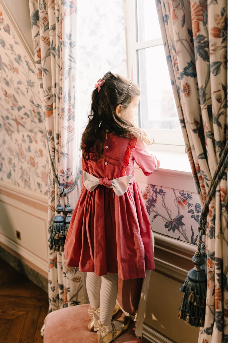 Angele Corduroy Long Sleeve Smocked Dress - Pink