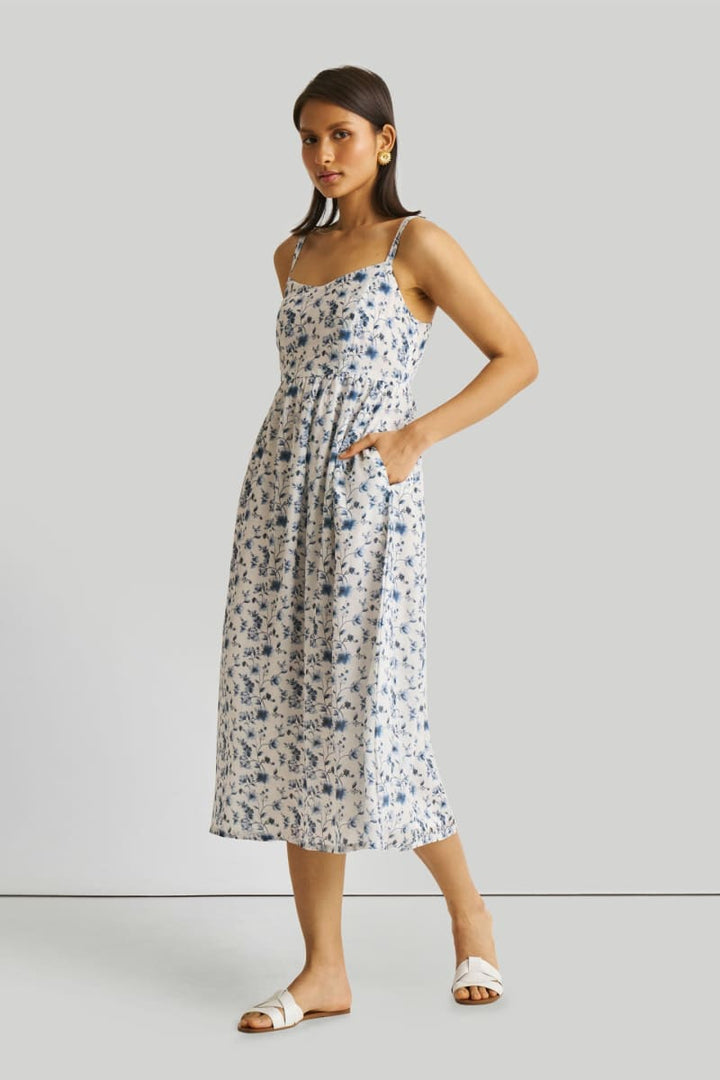 Strappy Gathered Floral Midi Dress - Wisteria Whimsy